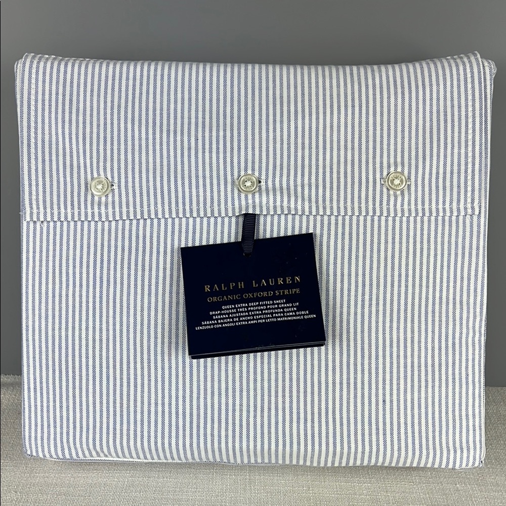 Ralph Lauren Organic Oxford Stripe Extra Deep Fitted Sheet Queen Blue White NEW